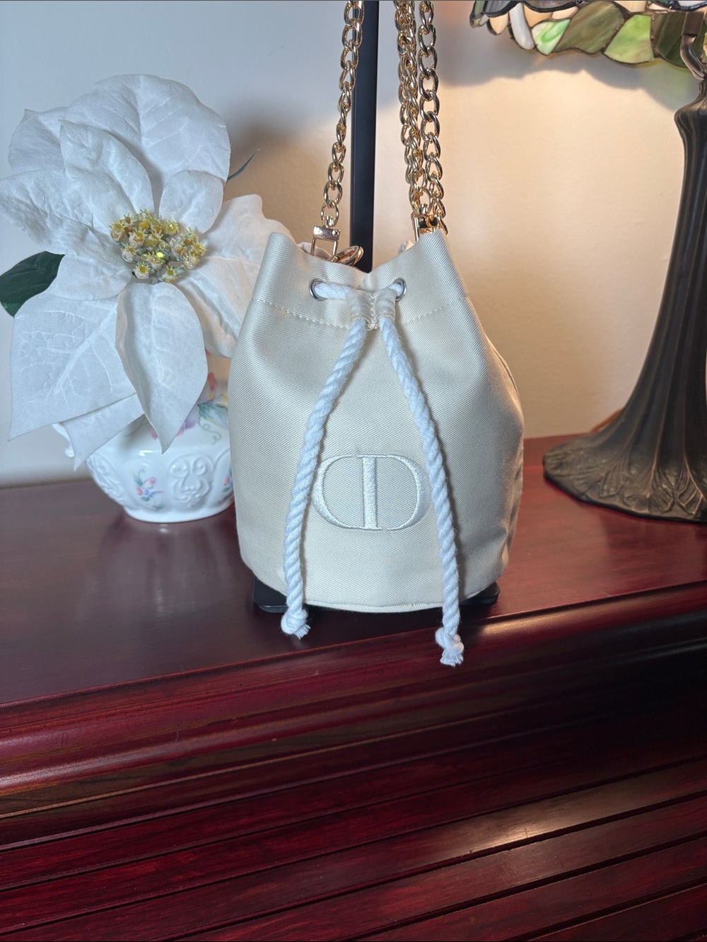 EUC Dior Beauty Cream Canvas Drawstring Bucket Bag with Removable Gold Chain